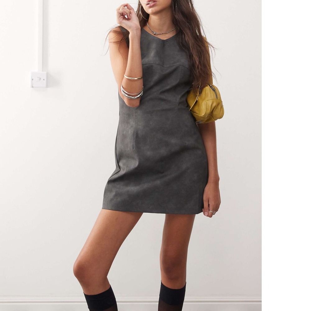 Collusion Asos Faux Leather Mini Dress Grey Washed Sleeveless Shift US 6 Party